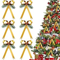 Kanmeii 6 Pcs Gold Metal Bow Ornaments with Pine Stems for Christmas Tree, Clip-On Gold Christmas Tree Bows for Wreath Weddings Garland Holiday Indoor Outdoor Decor,3.5x6 in