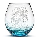 Sea Turtle Stemless Wine Glass, Bubbly Turquoise, Handblown, Tribal Design, Hand Etched Gifts, Sand Carved by Integrity Bottles