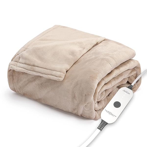 SUNBEAM ULTIMATE COZY ROYAL POSH VELVET HAND & FOOT POCKET HEATED THROW ELECTRIC BLANKET, 50″ X 72″, 4 HEAT SETTINGS, 4-HOUR AUTO SHUT-OFF, WARMING THROW FOR COUCH OR BED, MACHINE WASHABLE, STONE BUFF