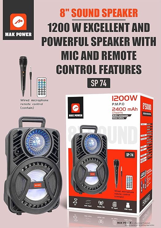 MAK POWER Portable Wireless Speaker S.P_74 with Wired Microphone Remote Control Speaker 1200