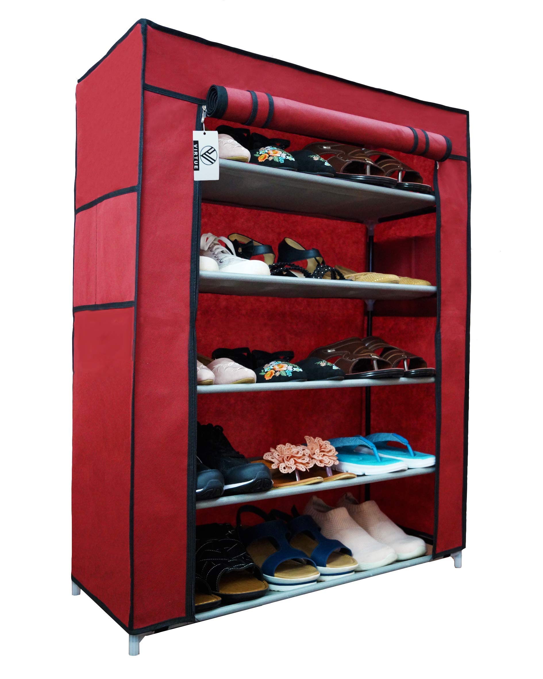 plastic cover for shoe rack on Virtue Shoe Rack Stand Foldable With Cover 5 Shelves For Home Metal Frame Plastic Connectors Multipurpose Organiser Maroon Grey Buy Online In Honduras At Honduras Desertcart Com Productid 154872444