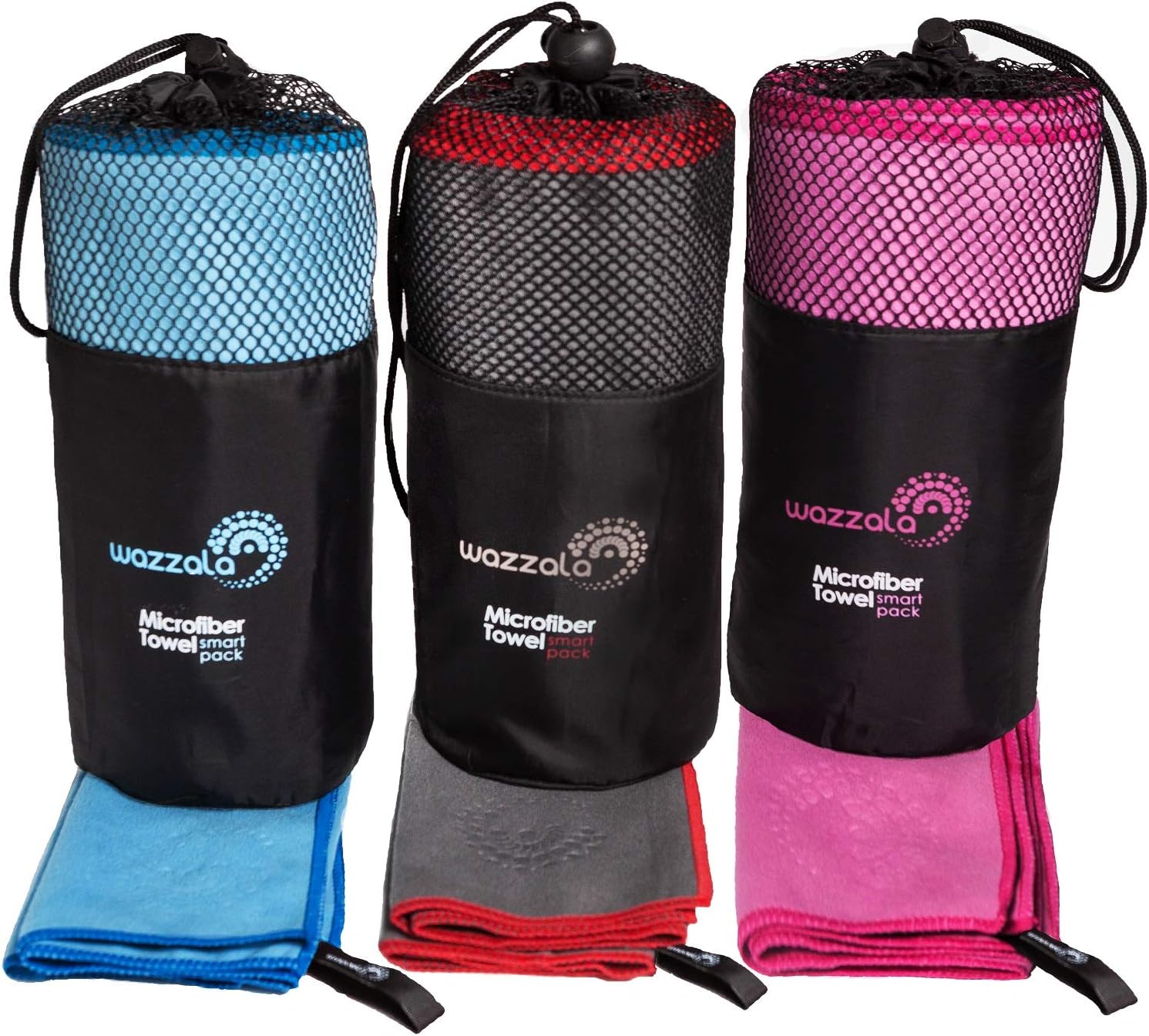 Wazzala Premium Microfiber Towel for Travel, Beach, Sports and Outdoors. Quick-Dry, Compact. with Hook. Hand or Face Towel and Mesh Bag Included.