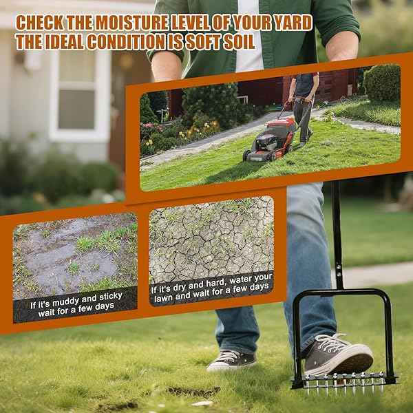 ETSRMI LAWN AERATOR TOOL WITH 14 METAL SPIKES – MANUAL YARD AERATOR WITH SPRING BASE & AUTO LEAF CLEANING FOR SOIL AERATION, LAWN CARE, GRASS HEALTH – HEAVY DUTY AERATOR FOR GARDEN, BACKYARD, PATIO
