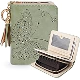KITEVIUN Women RFID Blocking Small Bifold Wallet, Compact Cash Clutch with Zipper Coin Pocket, Glittery Butterfly Design, Credit Card Holder, Travel Purse with Tassel GREEN