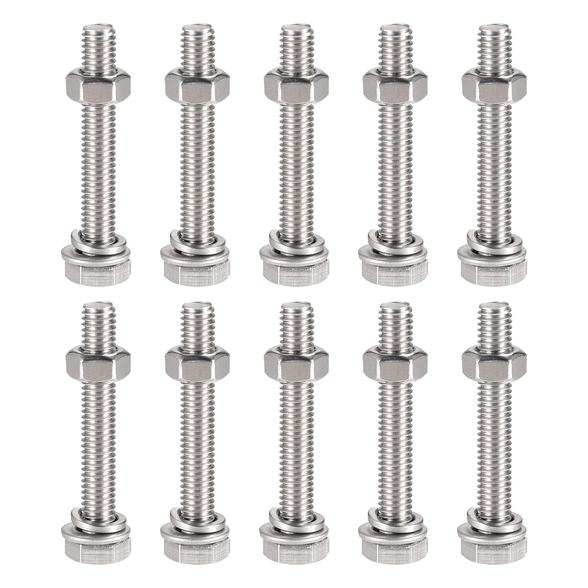 sourcing map M6 x 40mm Hex Head Screws Bolts, Nuts, Flat & Lock Washers Kits, 304 Stainless Steel Fully Thread Hexagon Bolts 10 Sets