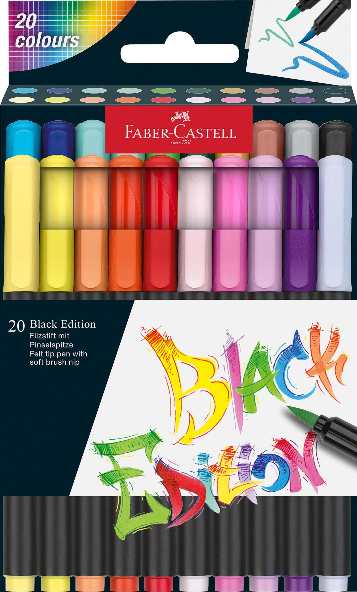 Faber-Castell Brush Pen Set - Black Edition, Cardboard Box of 20