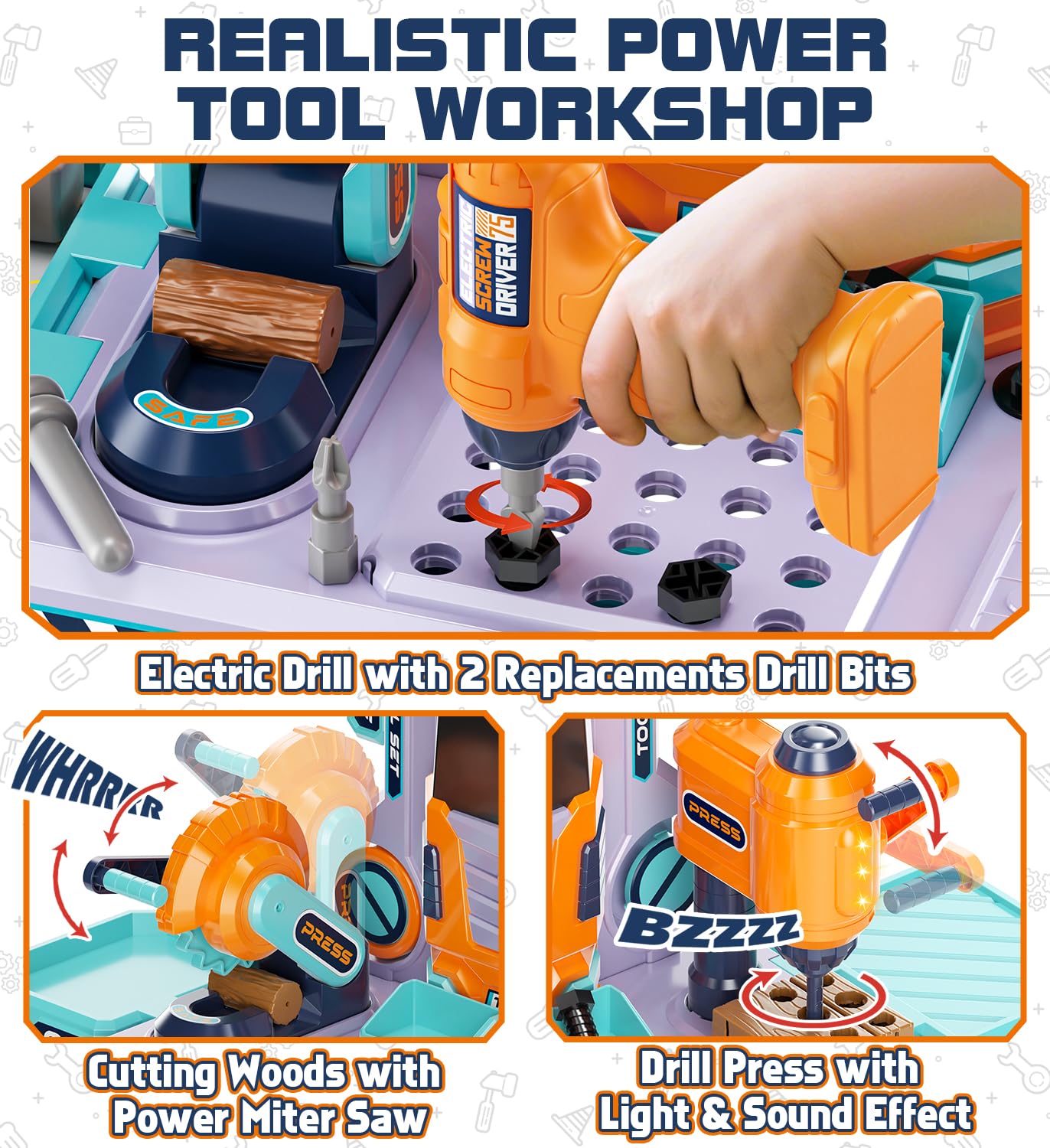 Lehoo Castle Werkbank Kinder 83cm Großformat, Transformierbarer LKW mit Elektrischem Werkzeug Bohrhammer mit Licht & Sound, Werkzeugkoffer Lernspielzeug, Geschenk für Jungen Mädchen ab 3 4 5 Jahren 2