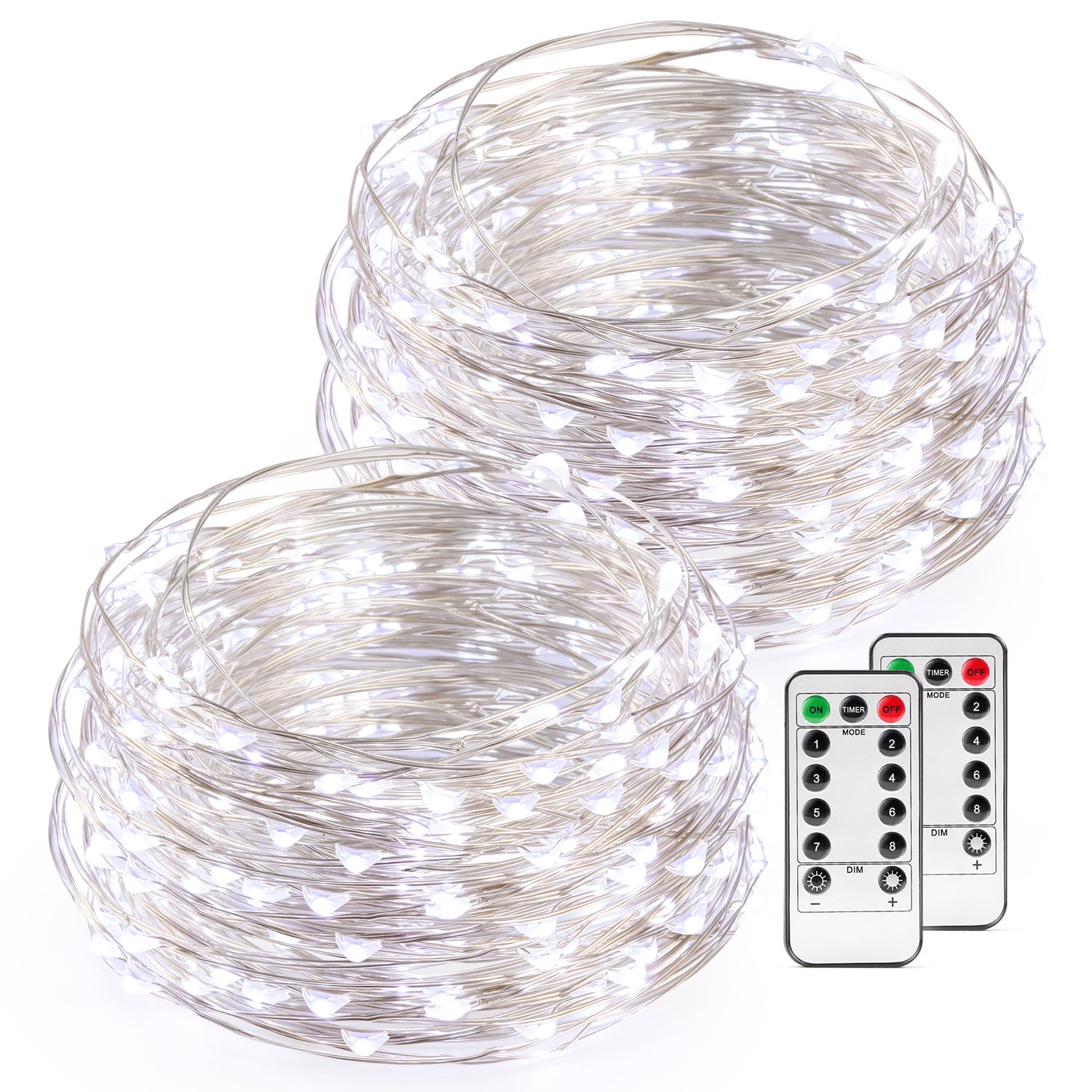 Kohree String Light Daylight White Remote Control Battery Operated Waterproof 8 Modes 50 LED 16.4ft/5M Silver-Coated Copper Wire Firefly Rope Lights 2 Packs