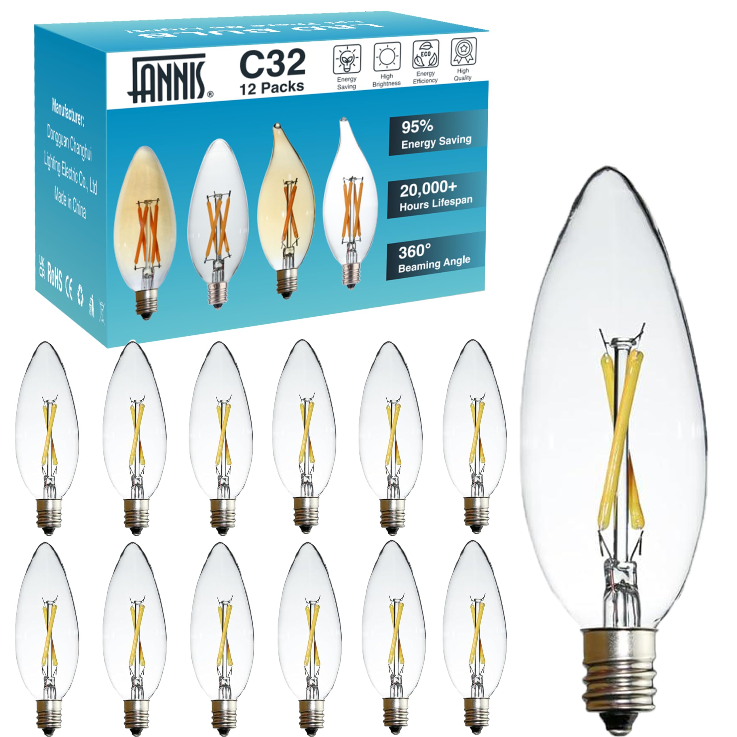 Photo 1 of FANNIS 12 Packs C32 Candle Shape LED Edison Bulb, 2W Equals 20W, Daylight White Light, E12 Base Clear Glass Light Bulb for Pendant Chandelier Ceiling Fan Candelabra Light