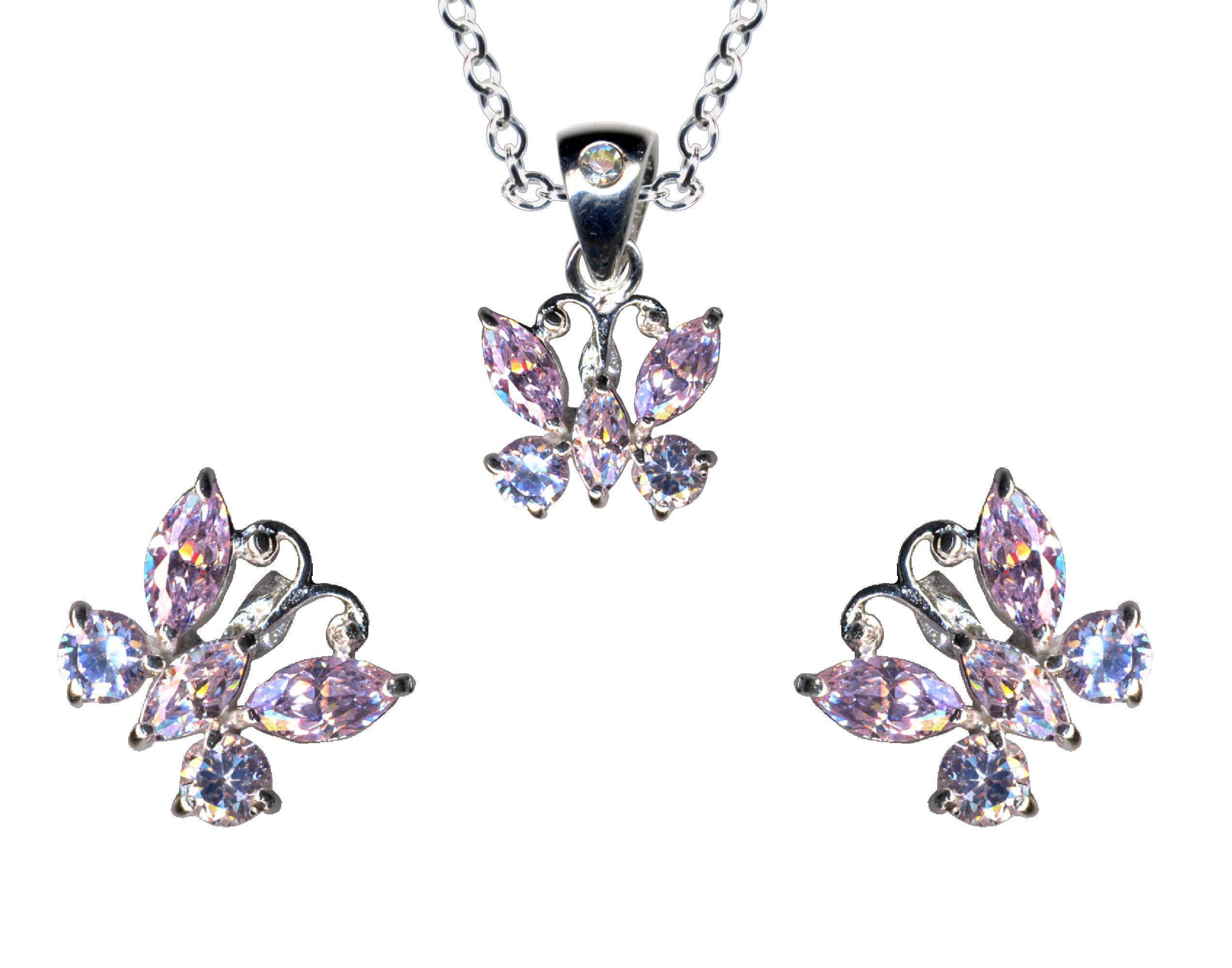 55012 Jewellery Set Butterflies / Pendant + Chain + Earrings / Real Silver 925 with Zirconia / Stone Colour: Transparent Lavender, Sterling silver 925, zirconia stones, Zirconia crystal rhinestone