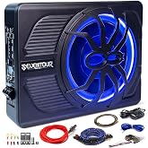 10" 800W Under Seat Car Subwoofer and amp package,Pure and Pleasant Bass | Car/Truck Audio Sub Built in Amplifier,Slim Design,with Blue LED Light and Installation Wire Kit