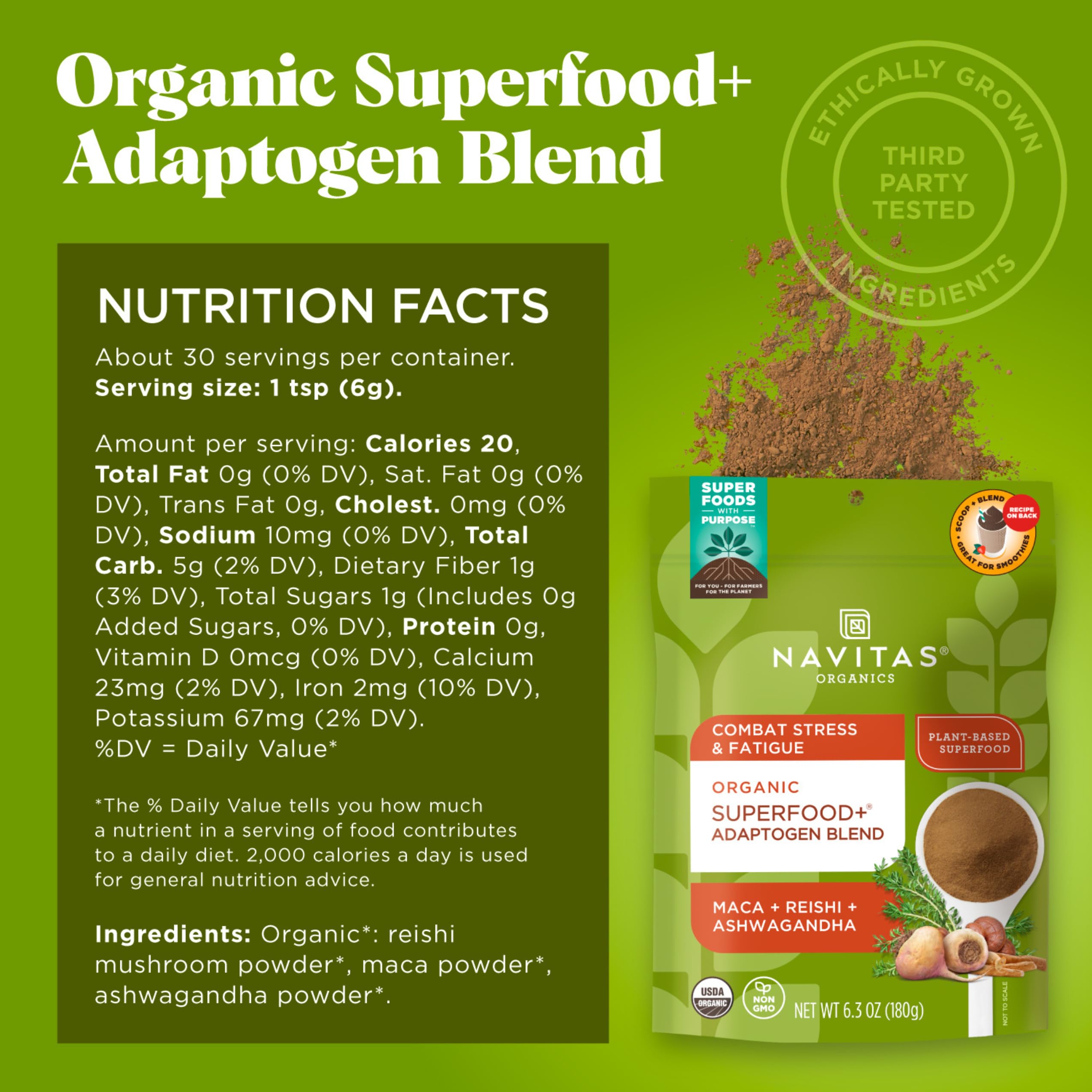 Navitas Organics Superfood+ Adaptogen Blend for Stress Support (Maca + Reishi + Ashwagandha), 6.3oz Bag, 30 Servings — Organic, Non-GMO, Vegan, Gluten-Free, Keto & Paleo.