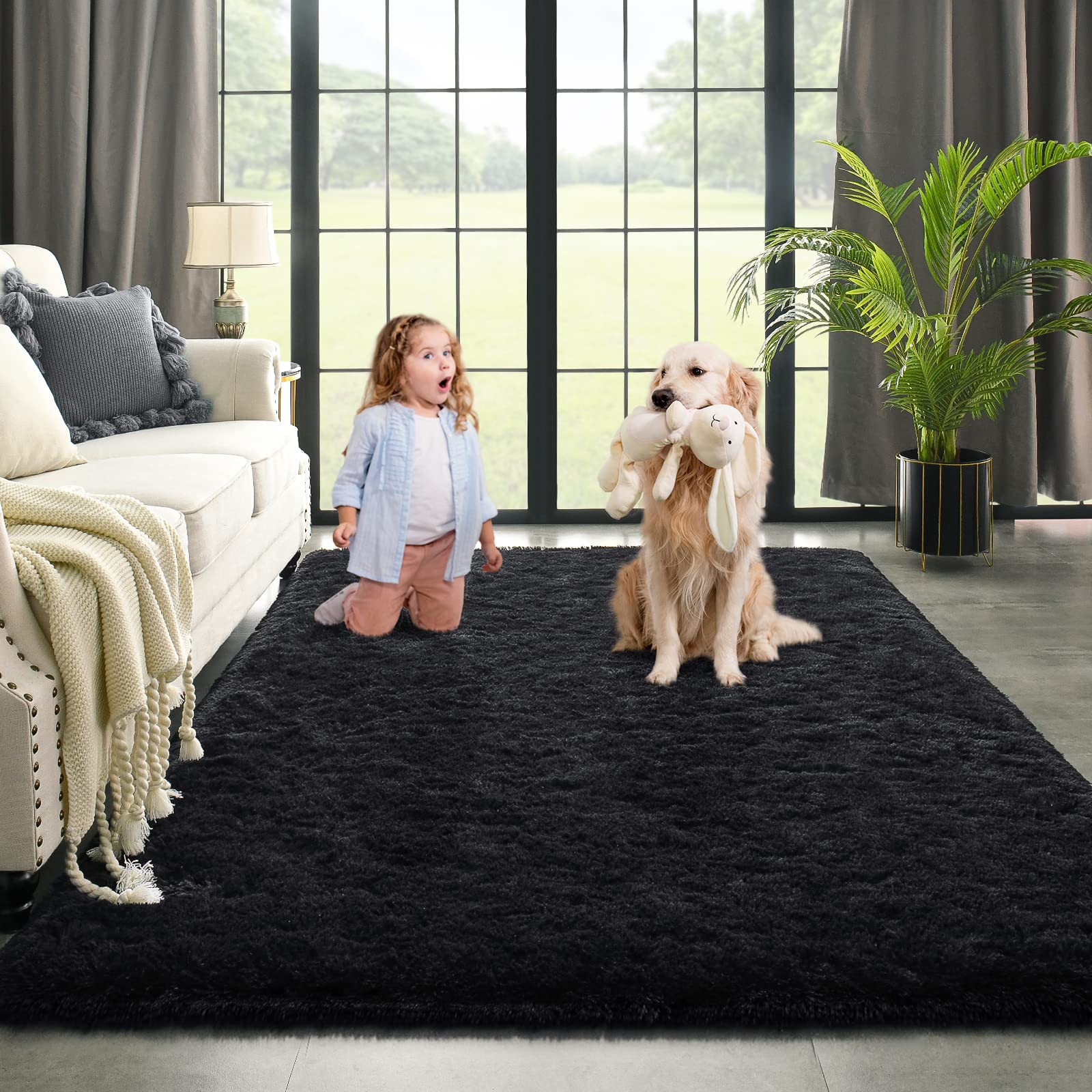 Kimicole 5x8 Black Area Rugs for Bedroom Living Room, Soft Fluffy Shaggy Rug, Non-Slip Fuzzy Furry Rugs for Nursery Kids Room Dorm Room Home Decor, High Pile Indoor Plush Floor Carpet
