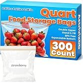 300 Count Quart Food Storage Bags, Reclosable Quart Bags with Double Zipper Seal, Plastic Food Storage Bags for Meat, Vegetables, Fruits, Sandwich，Snack，Stand-Up Bottom