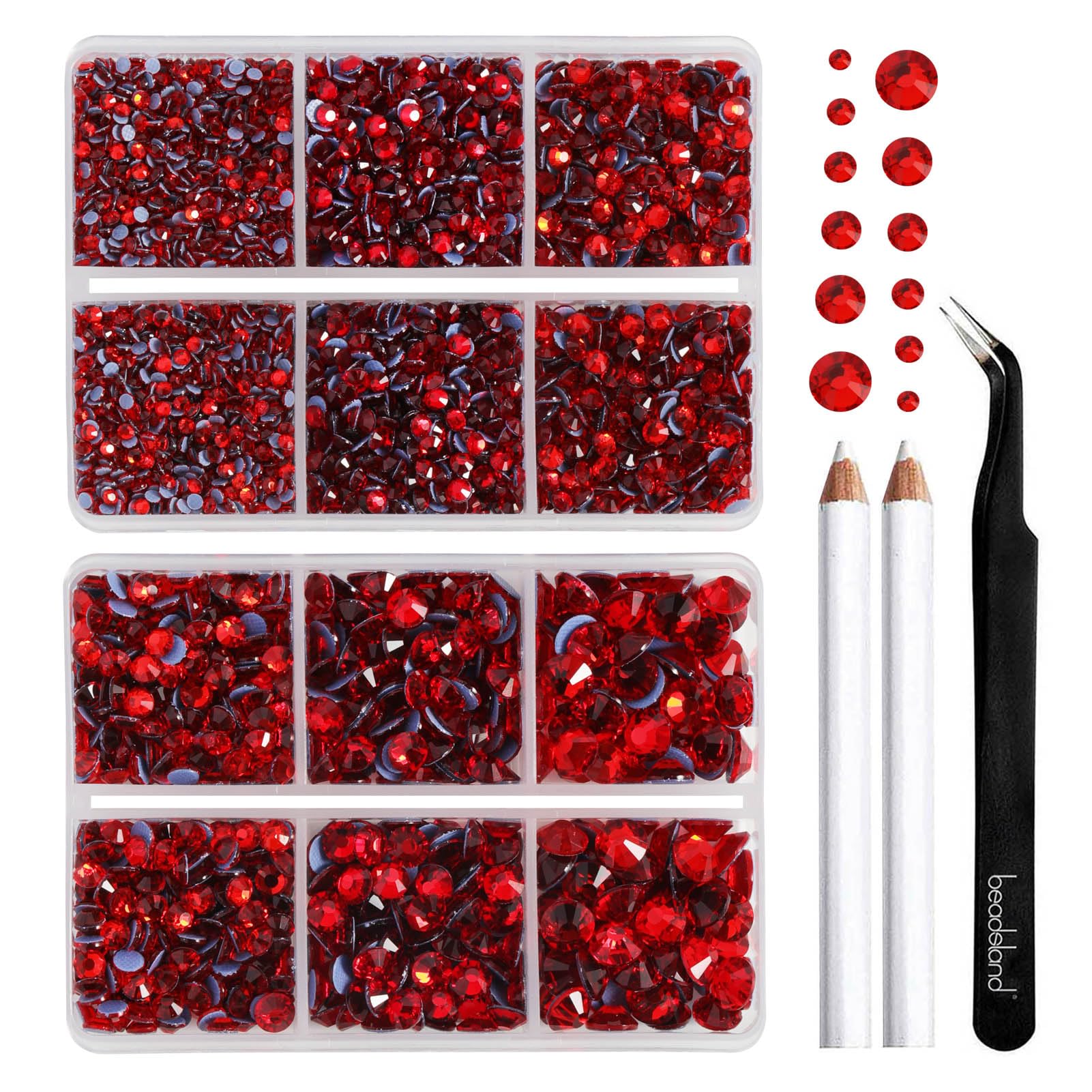 BEADSLAND Hotfix Rhinestones,6080PCS Light Red Rhinestones for Clothes Crafts Mixed 6 Sizes with Wax Pencil and Tweezers Kit,SS6-SS30,Light Siam
