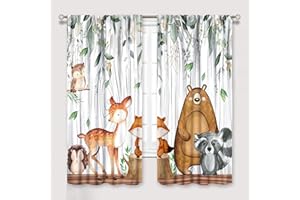 YCNESS Forest Animal Curtains, Watercolor Wild Animal Bear Fox Deer Kids Window Treatments for Living Room Bedroom,Green Woodland Tree Kids Drapes 2 Panel Sets,72x63 Inch