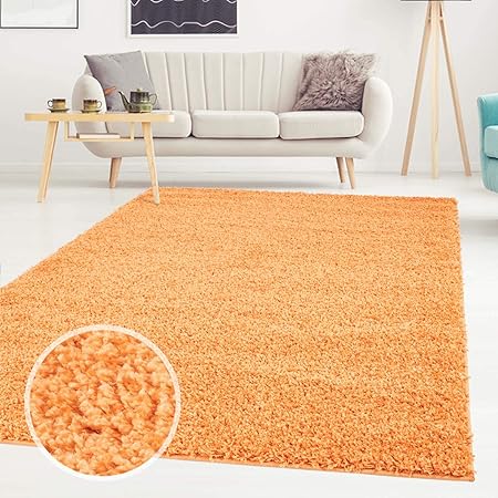 Shaggy-Teppich, Flauschiger Hochflor Wohn-Teppich, Einfarbig/Uni in Orange für Wohnzimmer, Schlafzimmmer, Kinderzimmer, Esszi