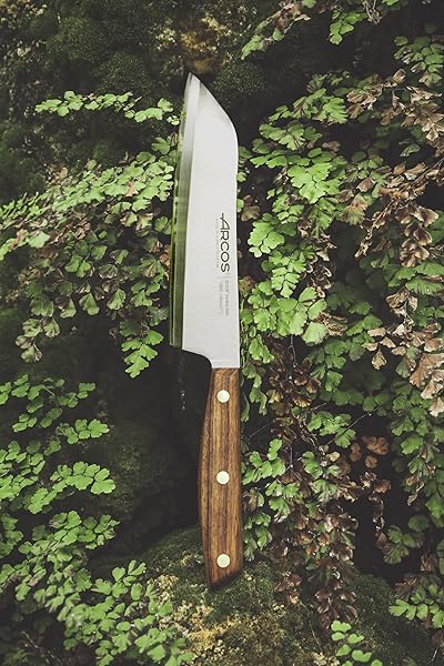 ARCOS SANTOKU KNIFE 7 INCH STAINLESS STEEL. JAPANESE KITCHEN KNIFE FOR FISH, MEAT AND VEGETABLES. OVENGKOL WOOD HANDLE 100% NATURAL FSC AND 190MM BLADE. SERIES NORDIKA. COLOR BROWN.