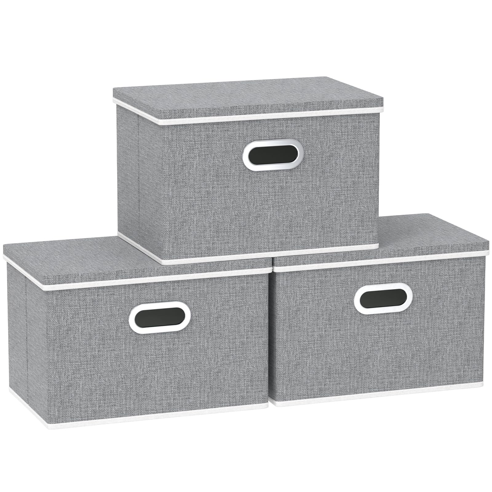 Yawinhe Large Storage Box with Lid 3 Pack, Collapsible Cubes Baskets, for Cupboards, Wardrobe, Shelves, 44x30x30cm, Grey, SNK023GX-3