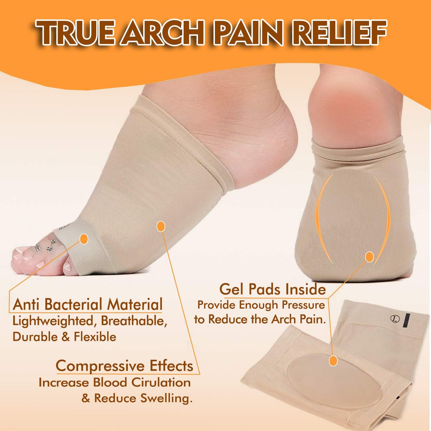 Compression Arch Support Sleeves Sock Mixed with Comfort Gel Pad, Elastic Bandage Arch Flatfoot Orthotics Massage Insoles Pads - Complexion & Black(2 Pair): Health & Personal Care