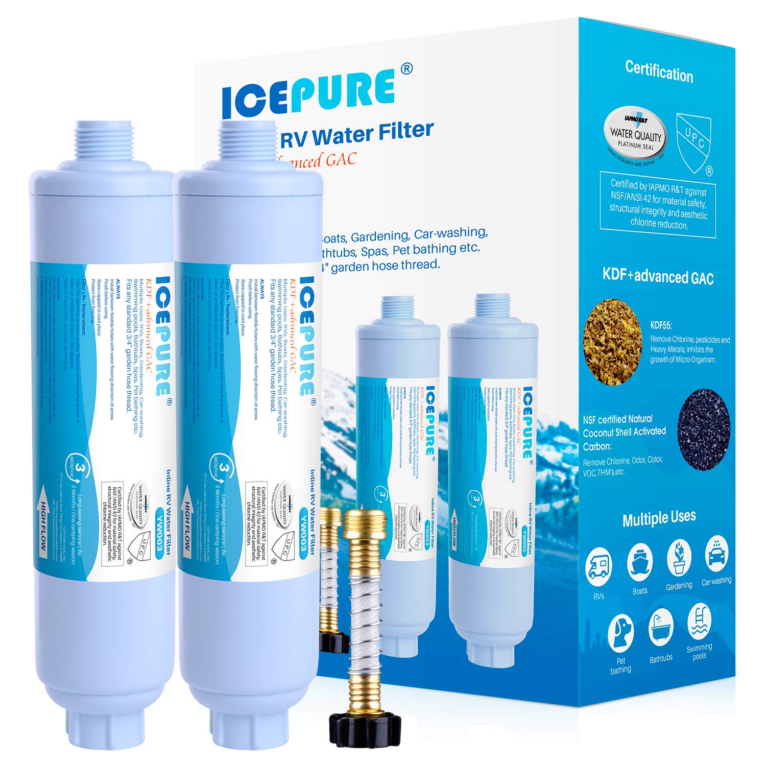 Photo 1 of ICEPURE RV Water Filter system for Garden, RV, Pool, Camper, Marine, Boat Hose for Drinking, Car Washing, Gardening, Planting, Spa, Reduces Chlorine, Odors, with 1 flexible hose protector, 2PACK