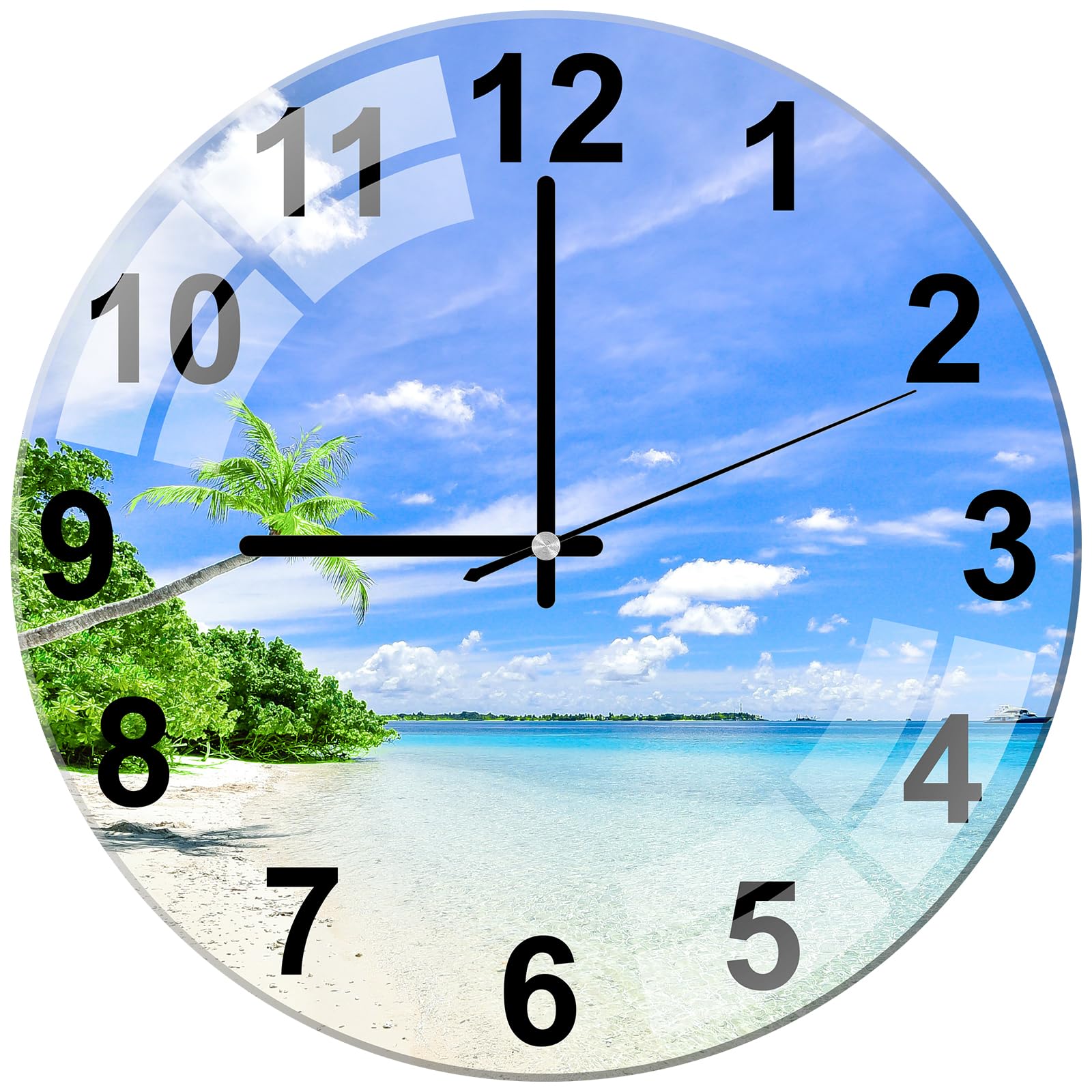 ALEENFOON Glass Wall Clock 12 Inch Silent Non Ticking Round Wall Clocks for Living Room Bedroom Hallway Office (Beach)
