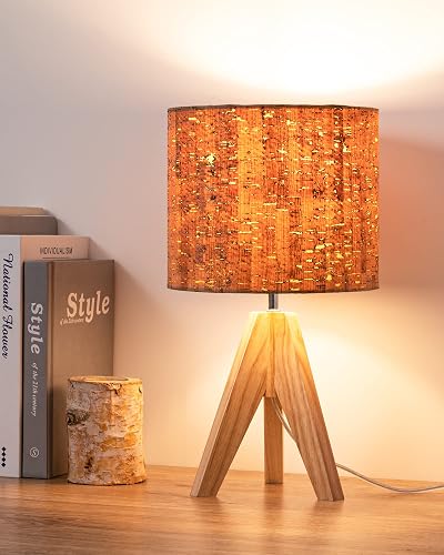 EDISHINE 36cm Wood Tripod Table Lamp with Tree Bark Shade E27 Base