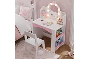 TOLEAD Girls Vanity with Lights, Kids Vanity Table and Chair Set for Princess, Toddler Makeup Vanity Desk with Open Bookshelf, Storage Cabinet & Side Shelves, Stools, White
