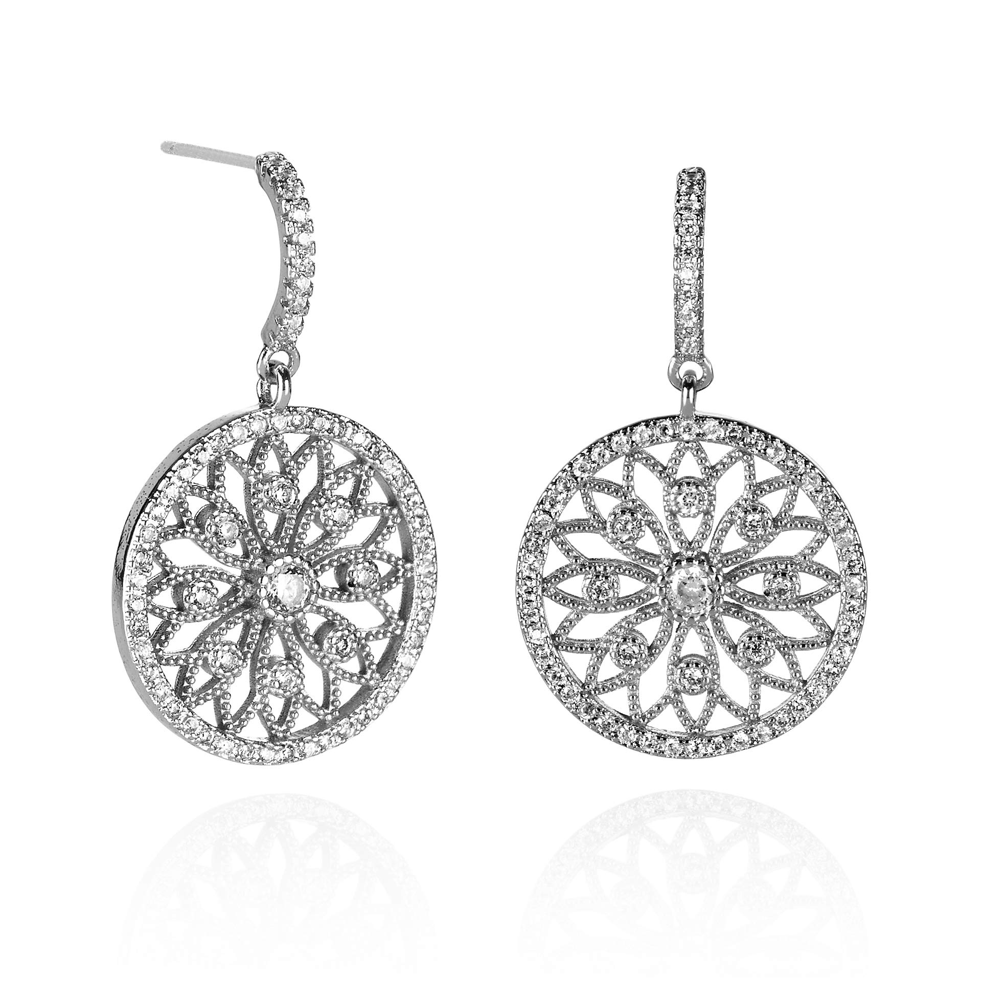 Namana Mandala Arabesque Drop Earrings. Earrings for Women set with Cubic Zirconia Gemstones on Intricate Filigree Details. Silver Dangly Earrings for Women with Gift Box