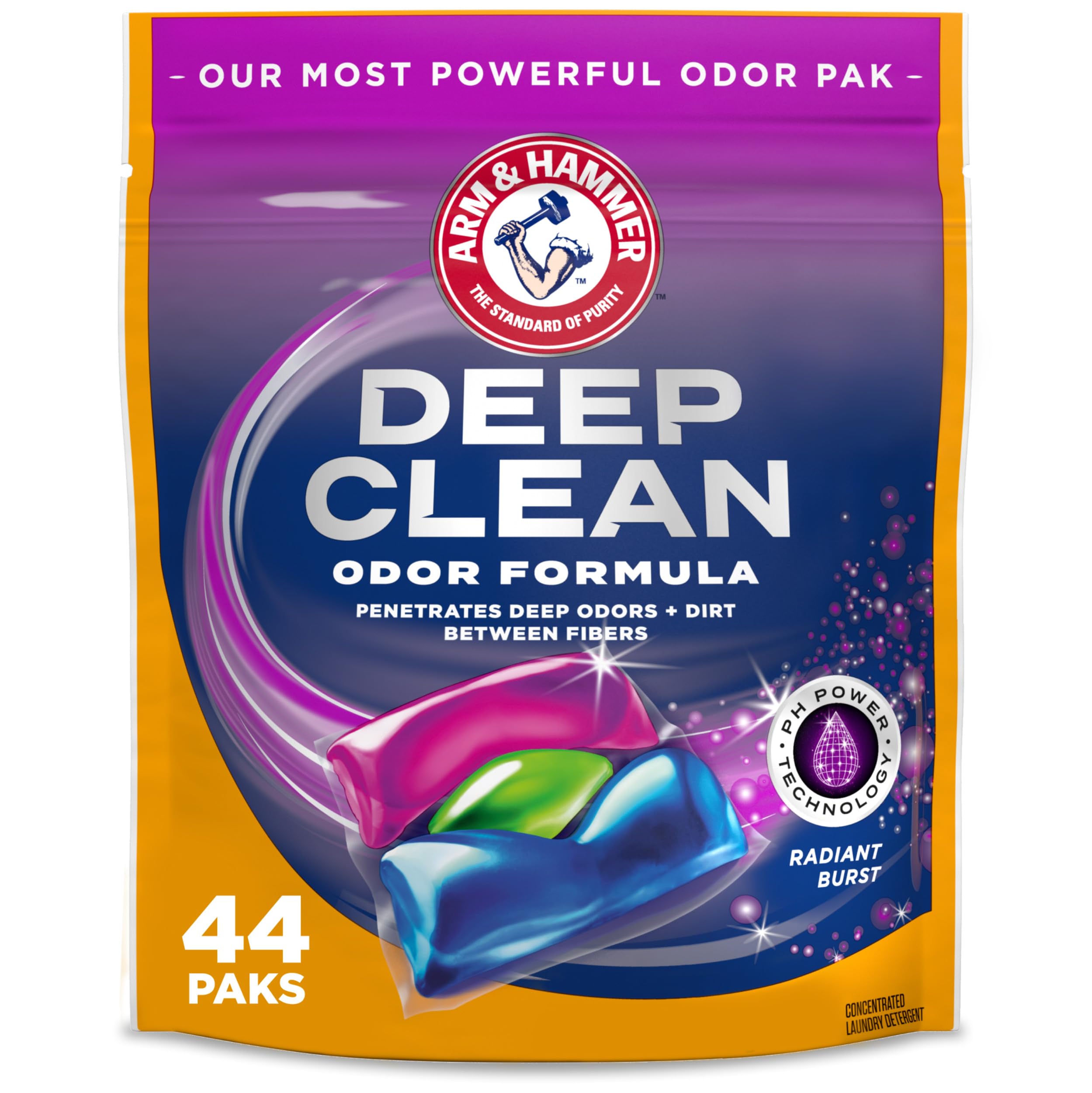 Photo 1 of ARM & HAMMER™ Deep Clean Odor Formula Laundry Detergent Power Paks, Laundry Odor Remover, Radiant Burst Scent, 44 Count, 44 Loads