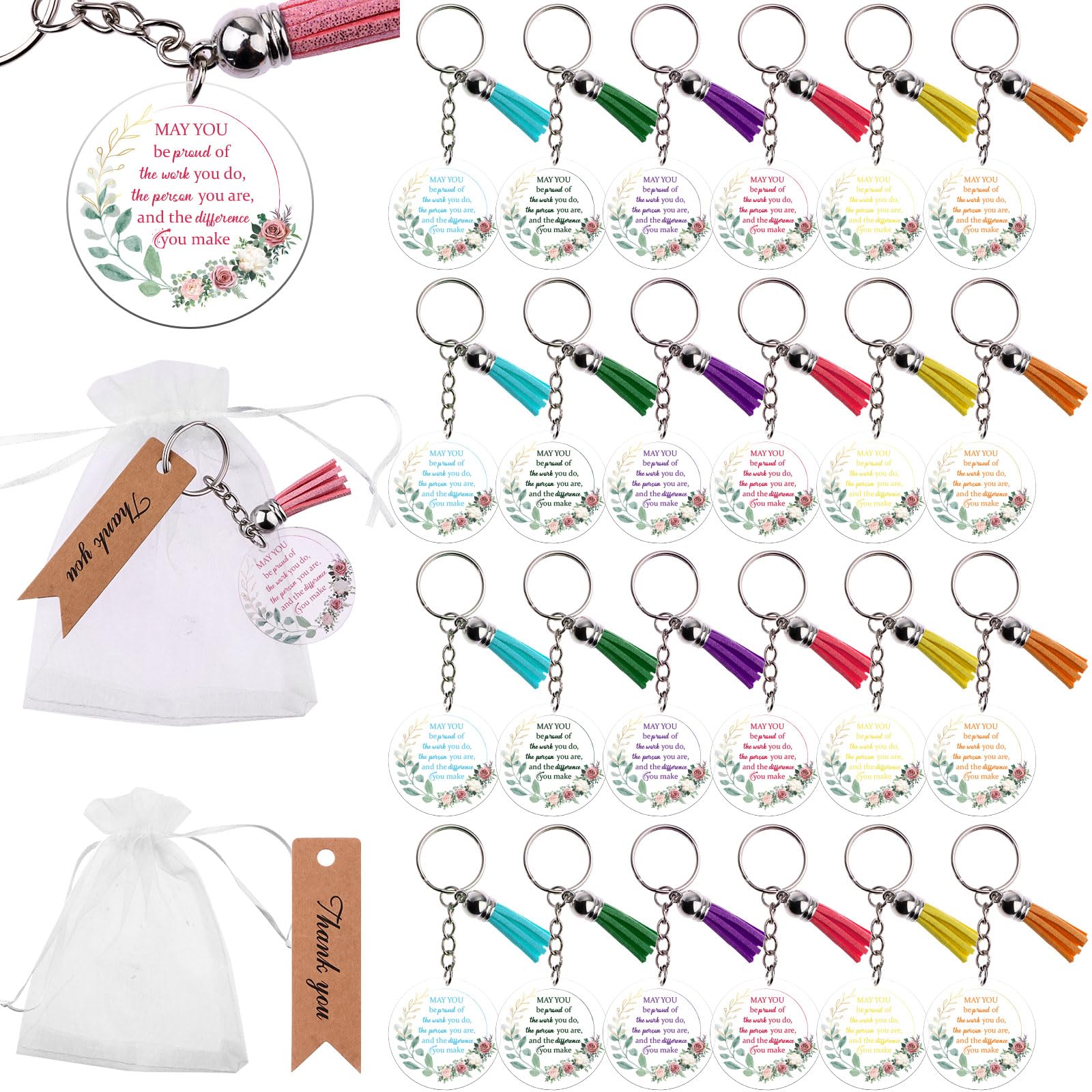 72 Pcs Employee Appreciation Gifts - Thank You Keychain Gifts for Colleagues Includes Acrylic Clear Inspirational Keyrings, Thank You Cards, Organza Bags for Staff, Teacher, Women, Men