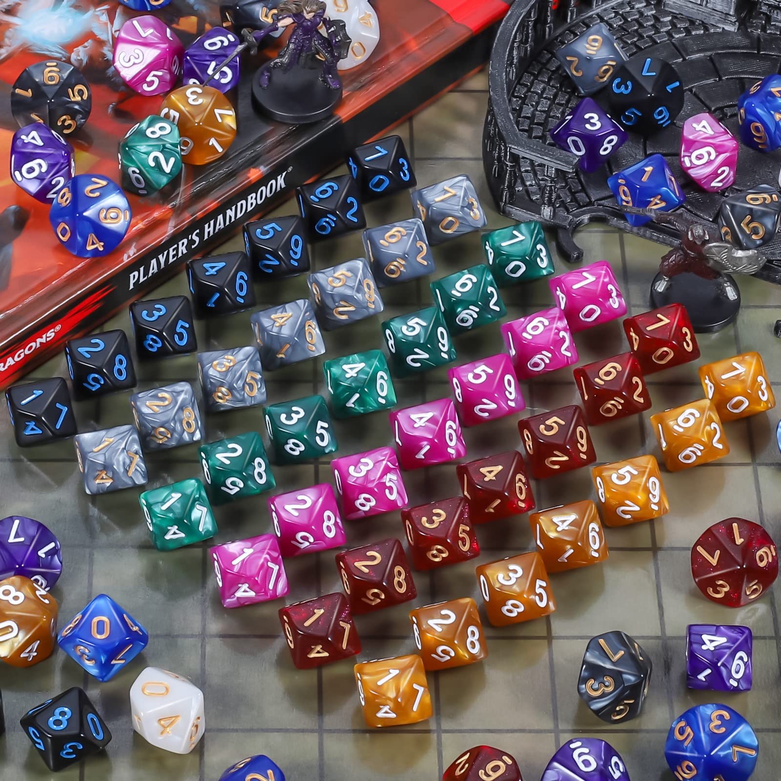 CiaraQ DND Polyhedral Dice (100pcs) with A Dice Bag Compatible with Dungeons and Dragons DND RPG MTG Role Playing Table Games (D10 dice, 10 colors-100 pcs)