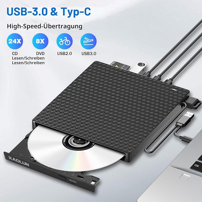 Externes DVD CD Laufwerk Extern, USB 3.0 USB C Externes CD Laufwerk für Laptop Desktop PC Macbook iMac, DVD +/-RW Brenner Optical Drive Externes DVD Laufwerk für Windows 11/10/8/7/XP/Linux/Vista/MacOS