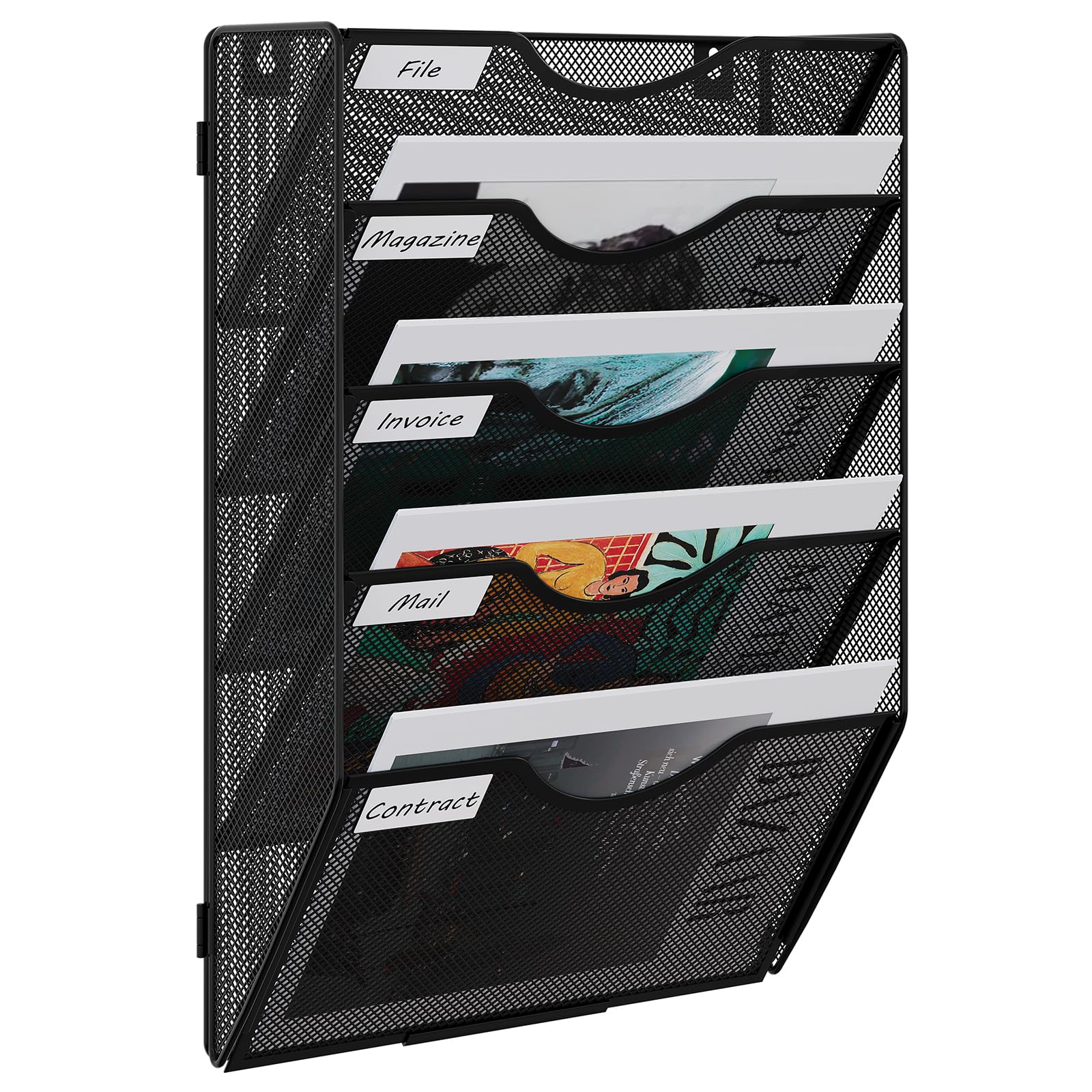 EasyPAG 5 Tier A4 Mesh in Tray Assemble Wall Pocket File Holder Hanging Mail Organiser Magazine Storage Rack,Black