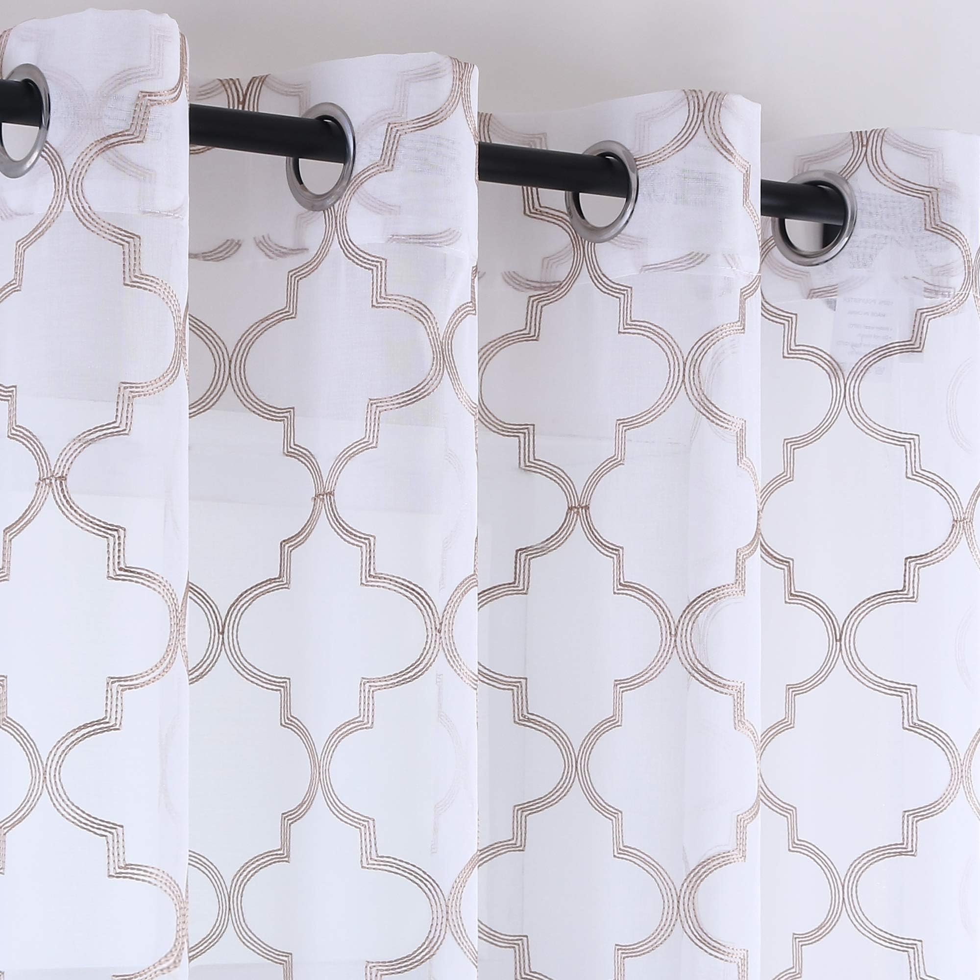 Quatrefoil Taupe Sheer Curtains Moroccan Pattern Faux Linen Embroidered Drapes Eyelet Top 63 Inches Long for Dining Room Patio Sliding Doors Farmhouse Home Treament 2 Panels