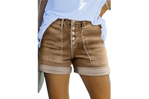 Sidefeel Womens Jean Shorts High Waisted Stretchy Buttoned Folded Hem Denim Shorts