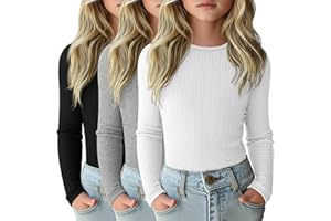 LessonZoo 3 Pack Girls Long Sleeve Shirts Ribbed Knit Cotton Layering Tops Slim Fit Crewneck Casual Undershirts