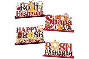 CHYAGCLT 4Pcs Rosh Hashanah Decorations, Happy Rosh Hashanah Wooden Table Centerpiece Jewish New Year Party Decorations for Shana Tova Party Supplies