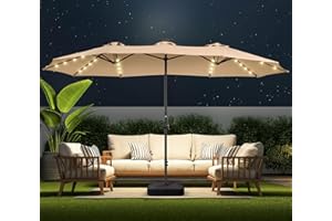 HOMSHADE Double Sided Patio Umbrellas - 15ft Solar Lights LED Lighted Outdoor Extra Large Market Table Umbrella with Base Included, Oversized Umbrella for Deck, Pool, Backyard (Beige)