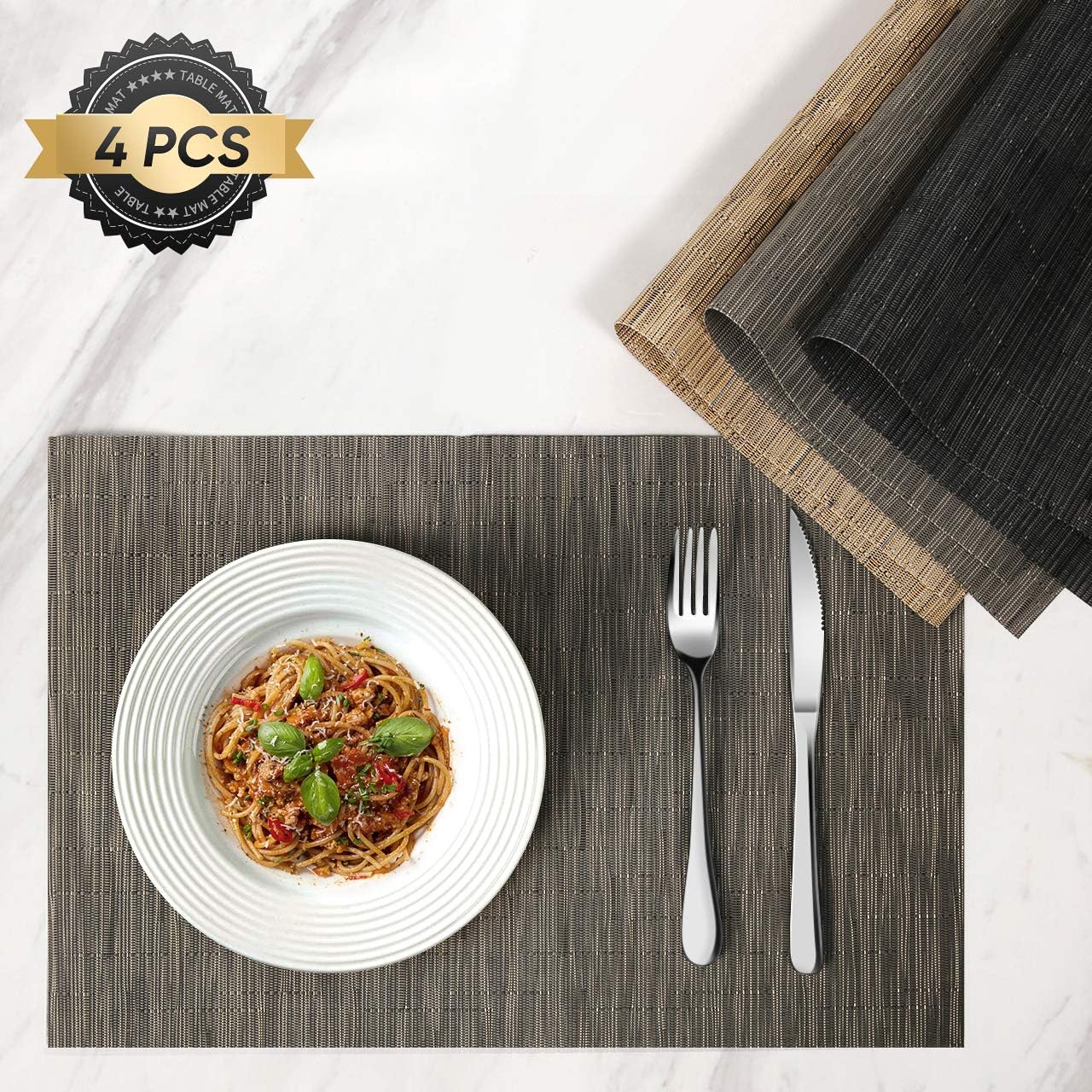 HOKEKI Placemats,Washable Vinyl Heat Resistant Table Mats,Non-Slip Wipe Clean PVC Placemats for Dining Table Sets of 4 (Grey-Black): Home & Kitchen
