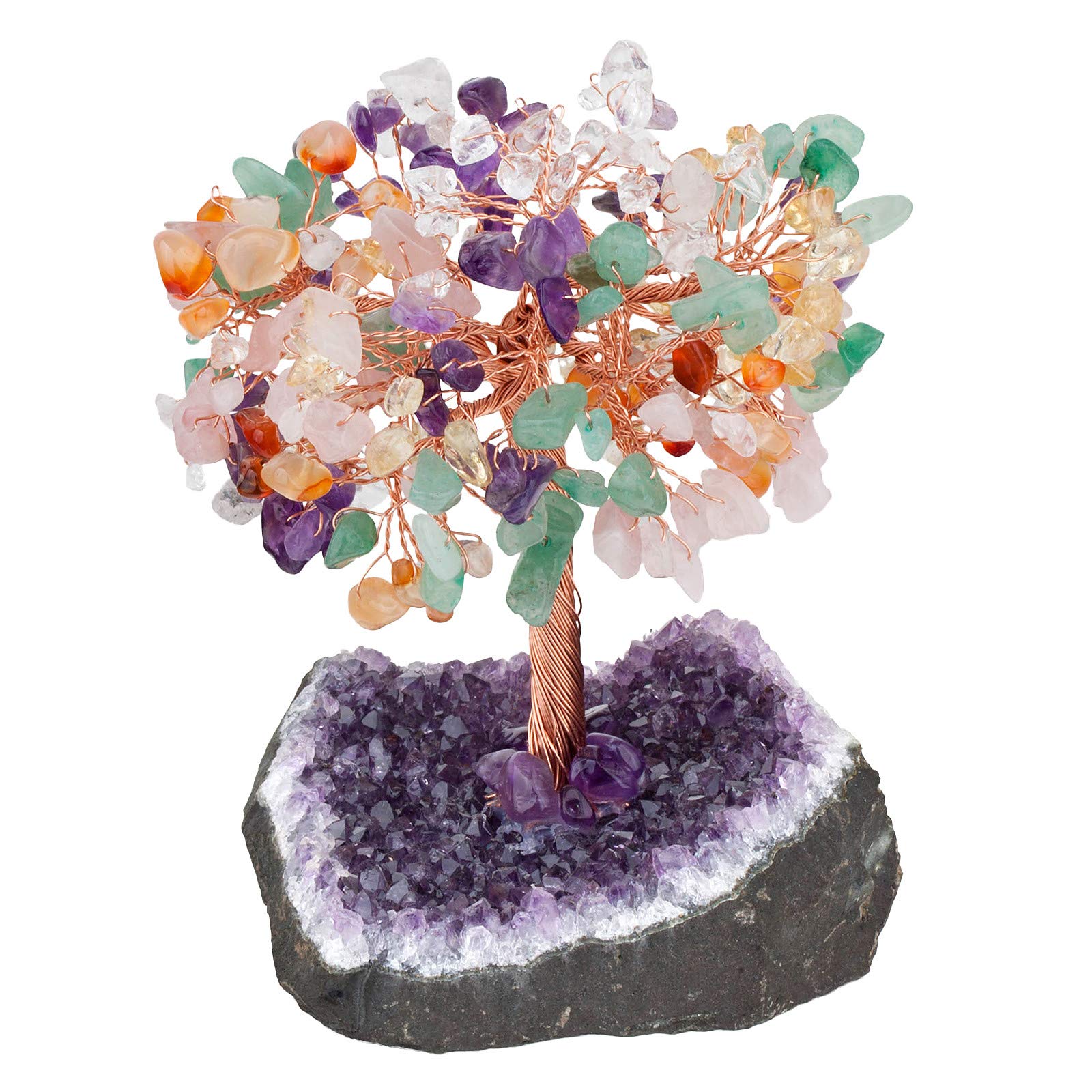 KYEYGWO Healing 7 Chakras Stone Money Tree for Good Luck Wealth, Handmade Figurine Bonsai on Natural Amethyst Cluster Base 4.5"-6" High