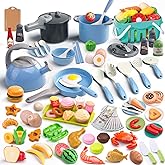 130Pcs Kitchen Playset, Toddler Pretend Cooking Play Pots, Pans, Utensils Cookware, Daily Food Fruit Veges, Shopping Storage Basket, Dessert, Prop Money, Learning Gift for Child (Blue)