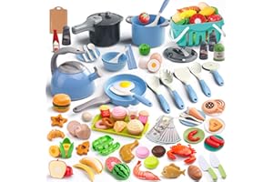 FUNPYNANI 130Pcs Kitchen Playset, Toddler Pretend Cooking Play Pots, Pans, Utensils Cookware, Daily Food Fruit Veges, Shopping Storage Basket, Dessert, Prop Money, Learning Gift for Child (Blue)