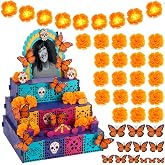 Colingmill 34 Pcs Dia De Los Muertos Decorations, Day of the Dead Altar Kit | Dia De Los Muertos Altar Ofrenda, 3-tier Wooden Shadow Box, Marigold Garland with Light, Butterfly for Mexican Picture Frame
