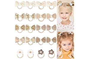BBGIFTS 20Pcs Kahki Boutique Baby Girl Hair Ties with Flowers Bow, Hair Bow Ties for Toddler Girls, Elastics Ponytail Holders Pigtails Rubber Bands Hair Accessory