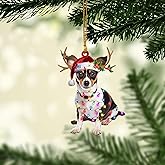 Talataca Rat Terrier 2D Flat Christmas Ornament, Rattie Dog Christmas Hat Reindeer with String Lights Pine Tree Decor, Hanging House Charm Eve Keepsake, Car Rear View Mirror Accessories, Xmas Gift