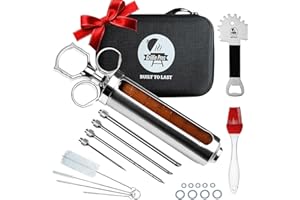IRON GRILLERS Professional Meat Injector Marinade Syringe Kit for Smoking & Grilling Turkey, Brisket & BBQ - Large 2 Oz Visible Stainless Steel Capacity - Never Leaks or Clogs + Safe Grill Cleaner & Flavor Brush