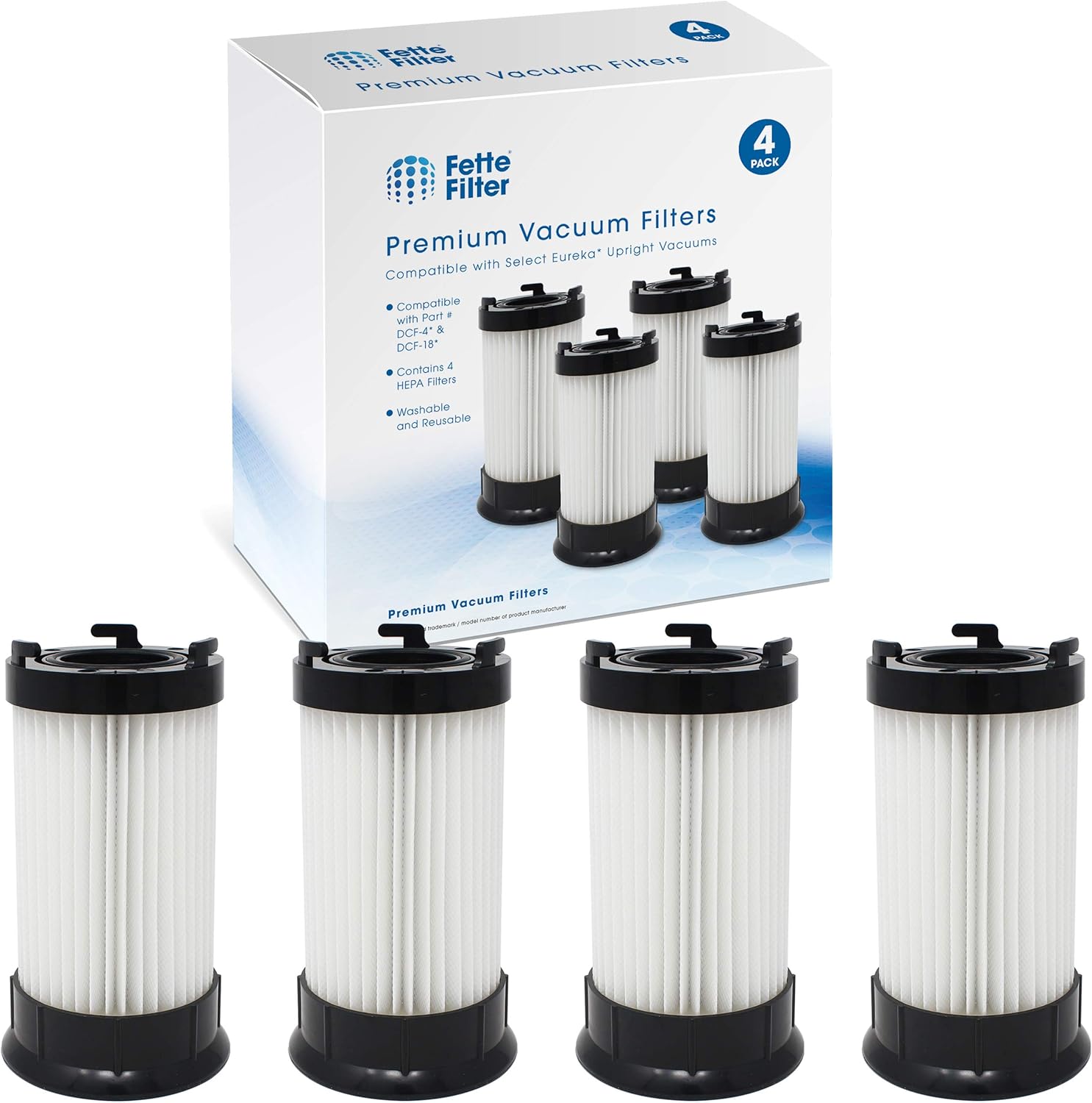 Fette Filter - HEPA Filter DCF-4, DCF-18 Compatible for Eureka. Compare to Part # 927 for Model # 62132 (Pack of 4)
