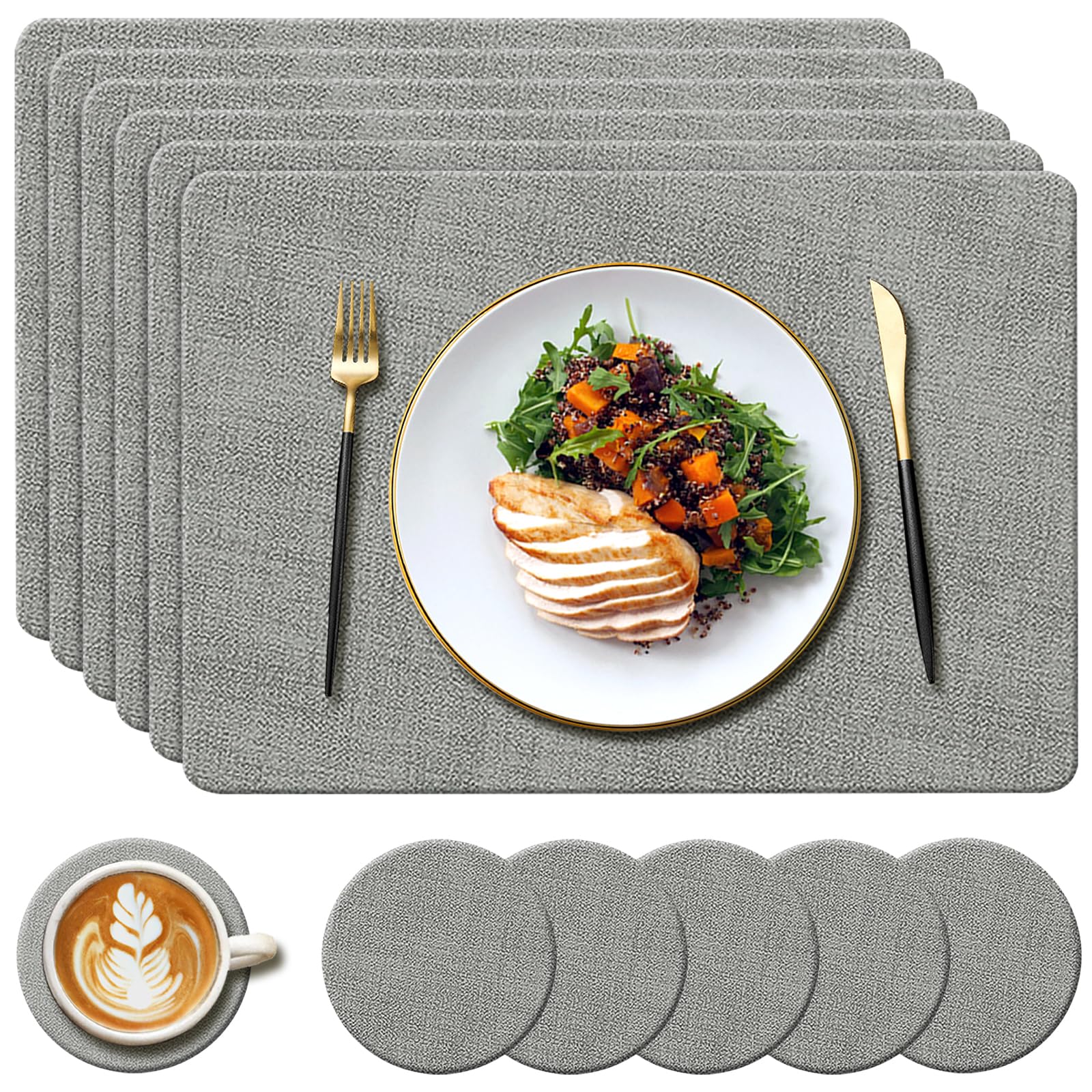 YUNJUER Leather Place mats and Round Coasters(10cm) Set of 6, Heat-Resistant 212 °F Placemats, Non-Slip and Washable, Tablemats for Home, Hotel, Restaurant, Kitchen, Dining Table, 43x30cm, (Grey)