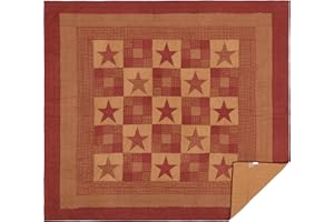 VHC Brands Ninepatch Star King Quilt 105Wx95L Country Patchwork Design, Burgundy